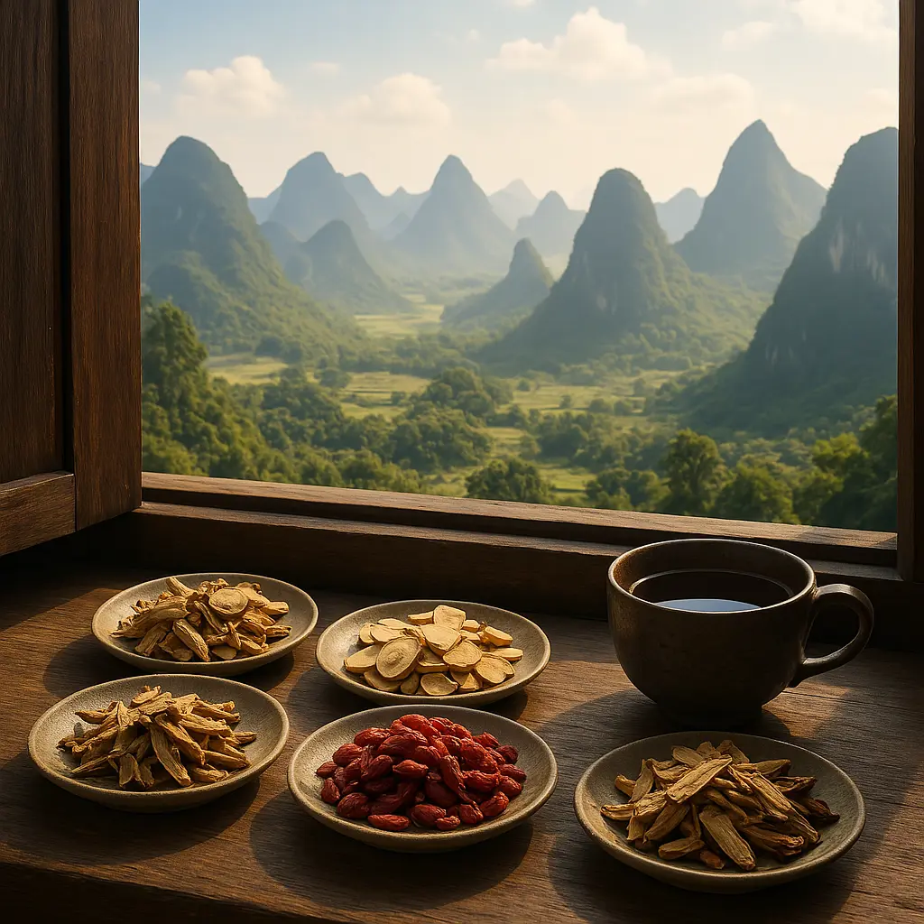Collection of Traditional Chinese Medicine herbs and botanical ingredients displayed in wooden containers